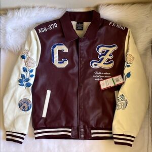 Ring of Fire Paradise Burgundy  Varsity Jacket with Patches Size Large.NWT.